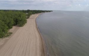 An empty, sandy beach between forest and the Lake Huron shoreline.