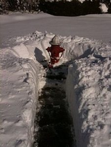 A fire hydrant accessible via a path cleared through snow.
